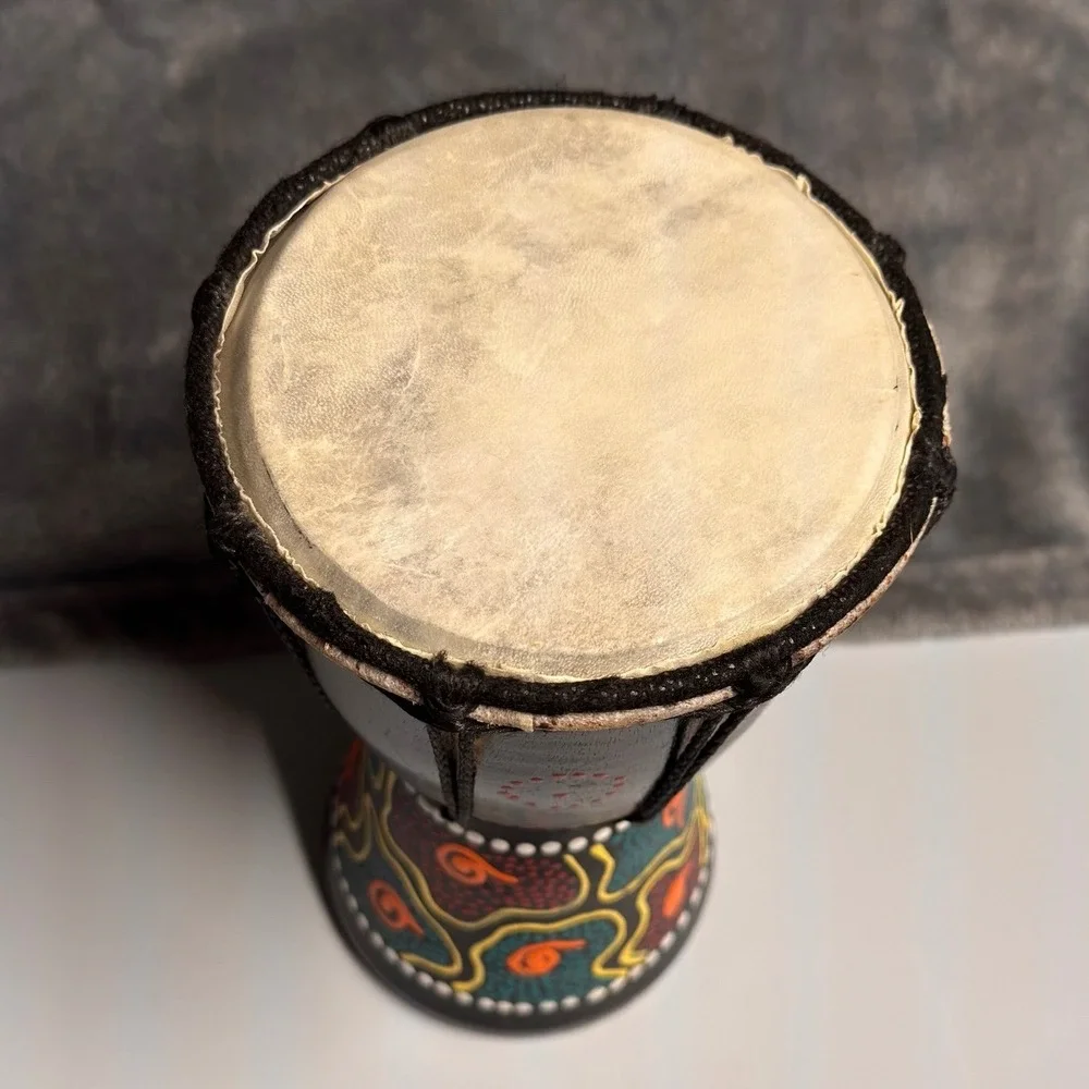 Mini Djembe Drum 8" Wood Hand Made Painted Black Tribal Dot Art Boho Percussion - Picture 10 of 11